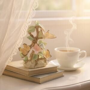 Ucagco Vintage Ceramic 6.5" Three Butterflies Tree Blue Bug Pink Flower Figurine